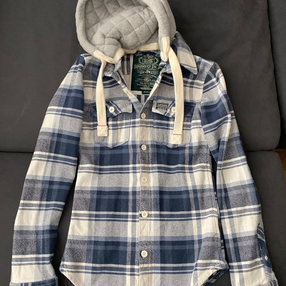 SUPERDRY WOMENS BLUE PLAID BUTTON SHIRT HOODIE SIZ